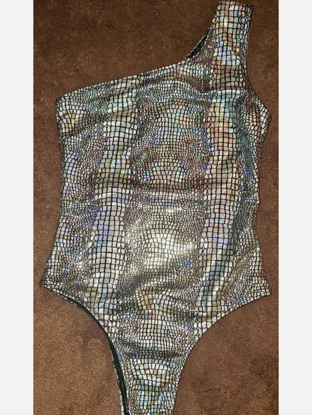 Metallic Snakeskin One-Shoulder Swimsuit | Size Small